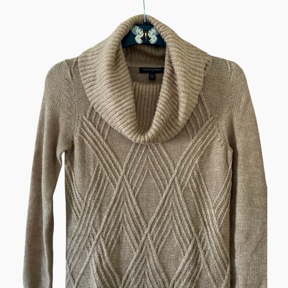 Banana Republic Knit Sweater Dress Brown XXS Cowl Neck Diamond Winter Cozy Y2K - Picture 11 of 11